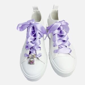 Vintage Sneaker Charm Set Lavender Satin Shoe Laces White Vegan Leather Sneakers